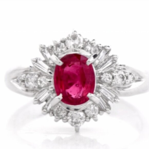 Platinum Ruby, Baguette, Round Diamonds Halo Ring 1.30ct 5.5 - Picture 1 of 7